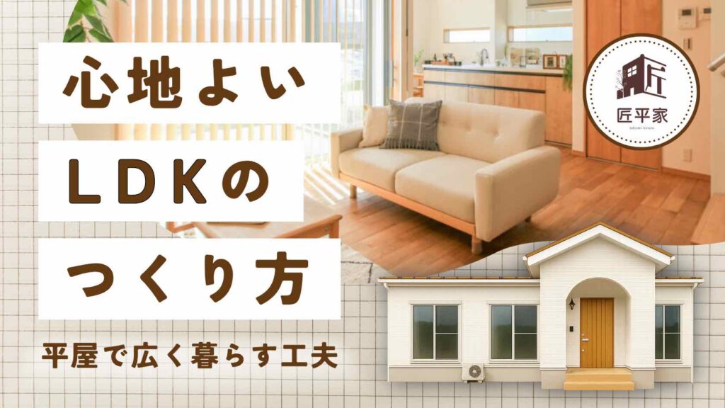 山梨平屋住宅の開放感あるLDKと勾配天井のあるリビング