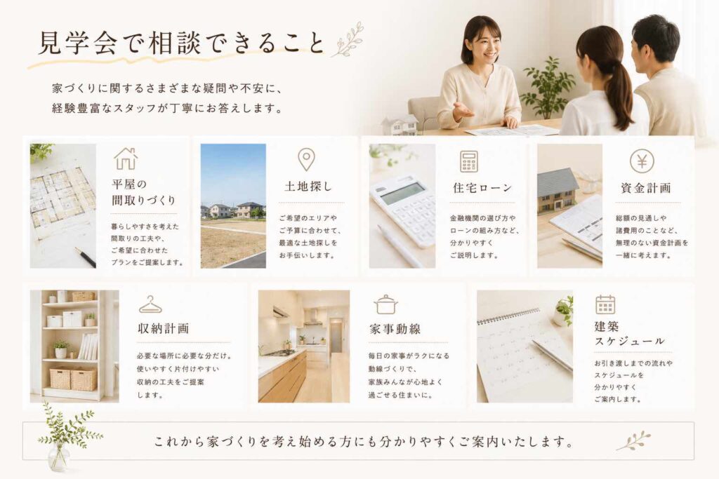 山梨平屋専門店 匠平家の見学会で間取りや土地探し、住宅ローンについて相談できる家づくり相談会